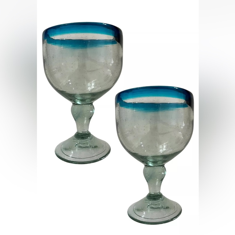 Hand Blown Large Heavy Bubble Seed Margarita Frozen Drink Glasses 21 Oz Goblet